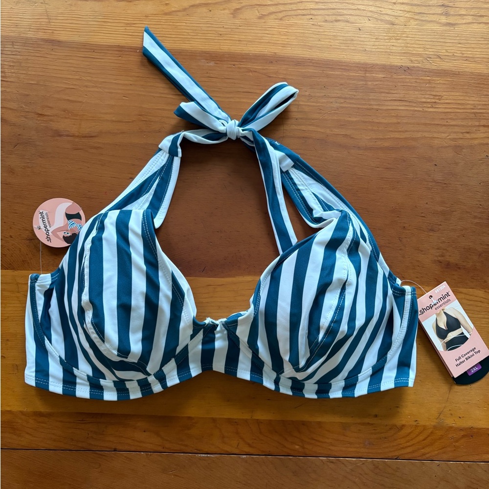 SET - Shapermint Blue Stripe Halter Bikini Set with Tummy Control Skirt Bottom